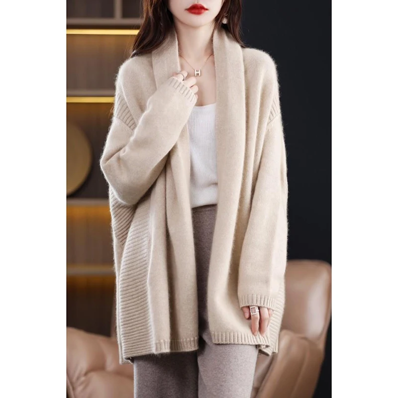 

100 Pure Wool Cardigan Sweater Casual Loose Solid Knitted Hot Selling Autumn and Winter Women's Coat Long sleeved Sweater
