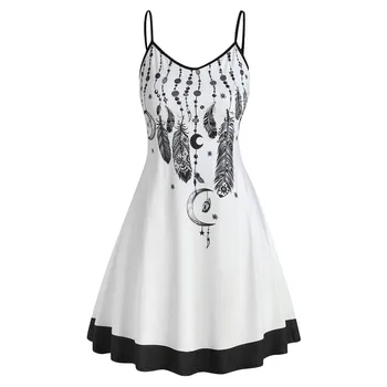 Plus Size Dresses for Women Gothic Sun Moon Print Spaghetti Strap Dress Girls Sleeveless Boho Beach Party Dress Sundress 5XL 3