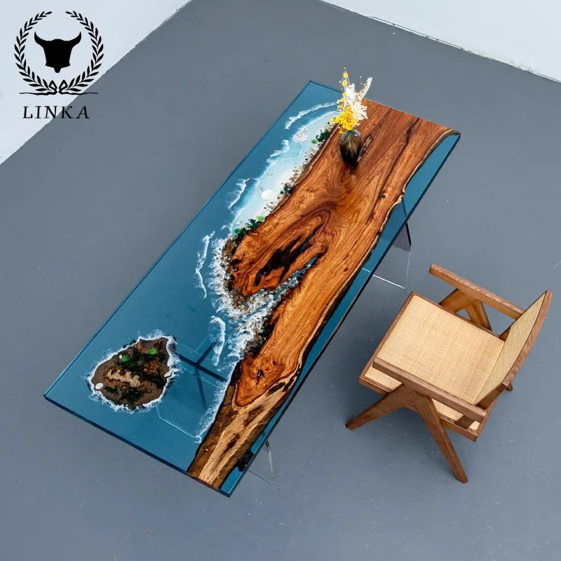 

Modern epoxy resin river tabletop solid wood board wave log table creative tea table whole board furniture customization