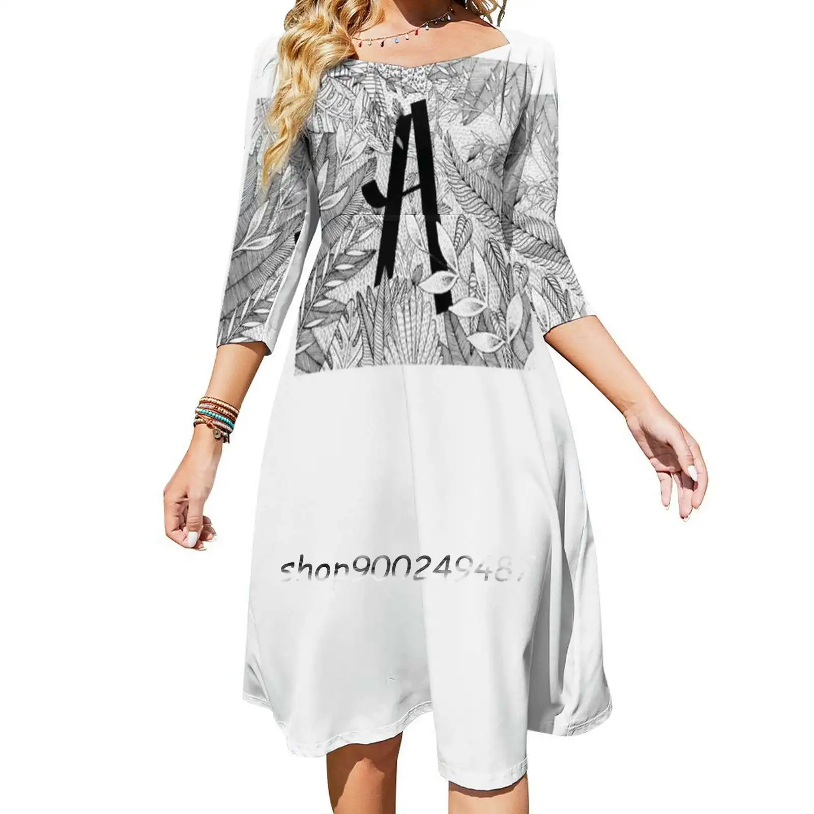 

A Team Sweet Elegant Dress Women Korean Kawaii Square Collar Dress Ha Letter Jungle Flower Pattern Reasons Floral Leaf Leaves