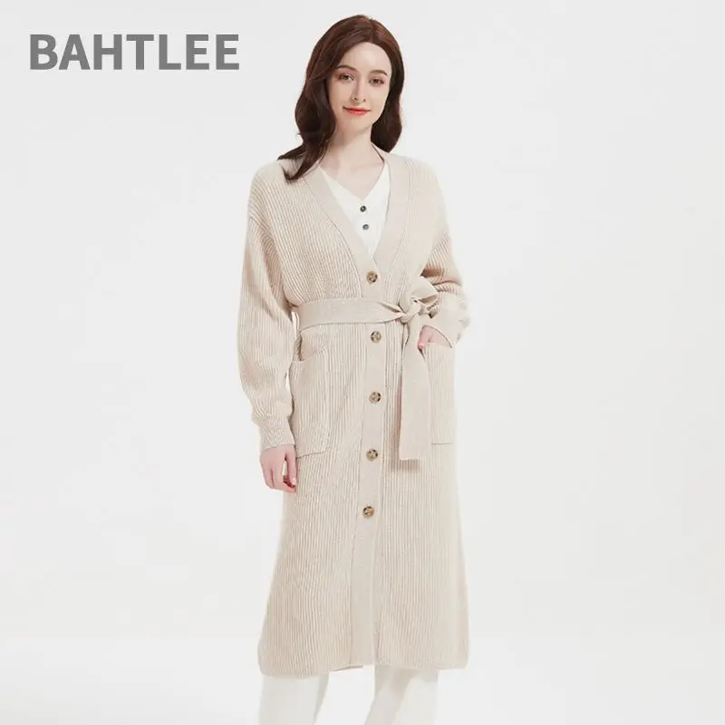 

BAHTLEE-Женский шерстяной кардиган с V-образным вырезом и поясом, свитер, куртка на шнуровке, длинные рукава, однобортный, осень