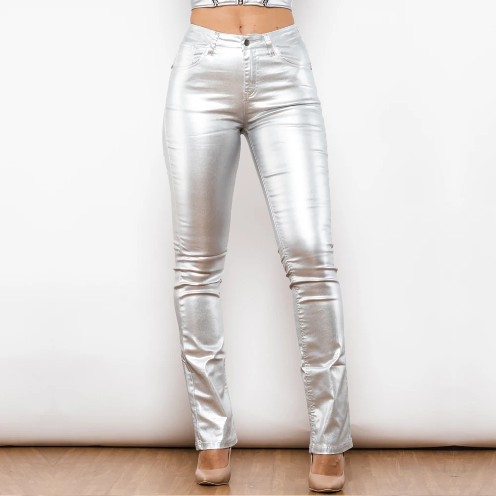 

Shascullfites Melody Silver Super Stretchy Metallic Waxed Flared Pants Top Quality Wet Look Coated Pants Straight Women Pants