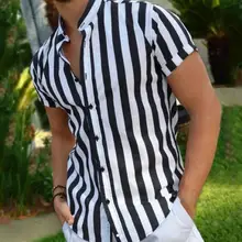 

Short Sleeve Shirt Stripes Pattern All-match Stand Collar Men Short Sleeve Cardigan for Outdoor Shirts
