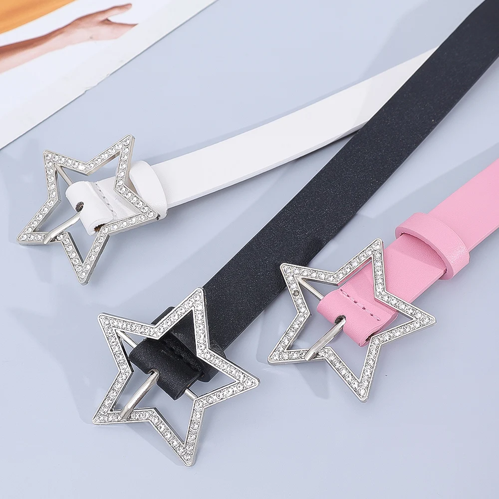 Y2K Belts for Women Spice Girls Pink Black White Belt Denim Star PU Leather Rhinestones Belt Ins Sweet Cool Corset Jeans Belts