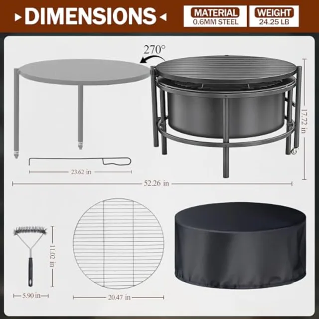 52-inch Large Outdoor Wood-Burning Fire Pit Stove with Rotating Table and BBQ Grill for Backyard Camping Cold-Finished Steel Ro 2