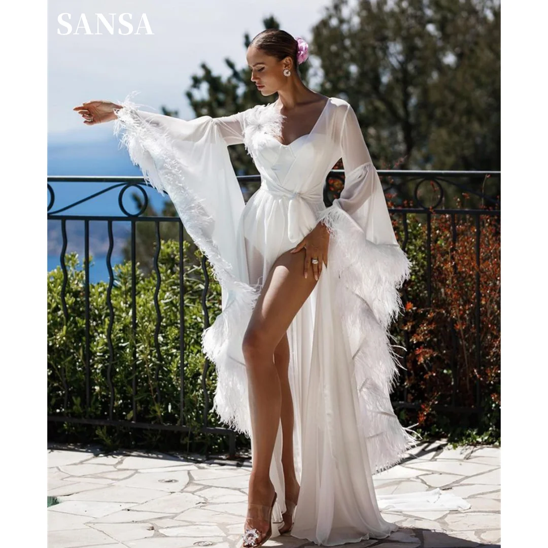 

Sansa Heart Shaped Neck Prom Dress White A-line Tulle Wedding Dresses Puffy Sleeves with Feathers Long Train Vestidos De Fiesta