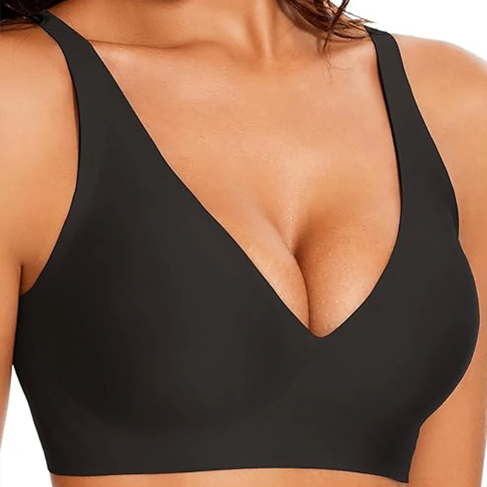 Jelly Wireless Bra Deep V Push Up Seamless T-Shirt Comfortable Plunge No Underwire Bras with Adjustable Straps Everyday Bras