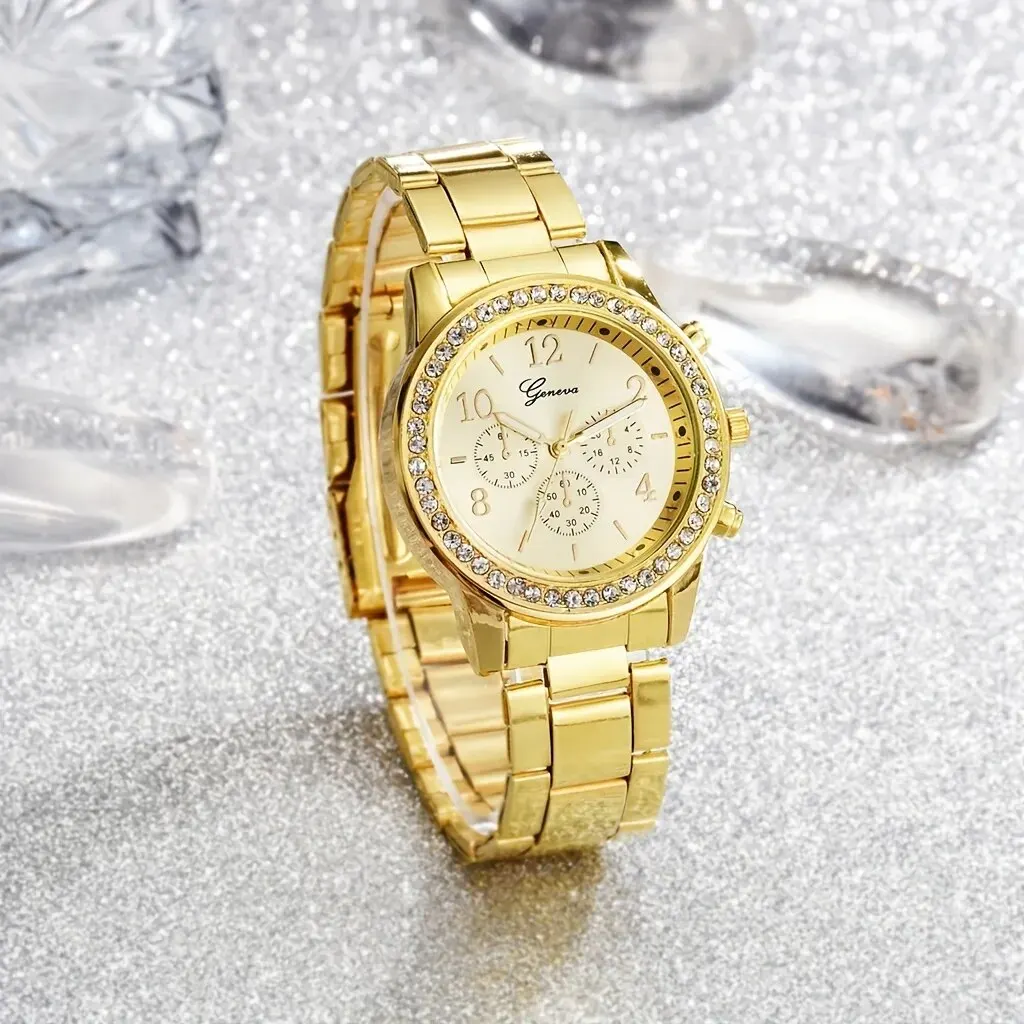5 PCS Set Gold Watch Women Luxury Ring Necklace Earrings Rhinestone Fashion Wristwatch Female Casual Watches Bracelet Set 2
