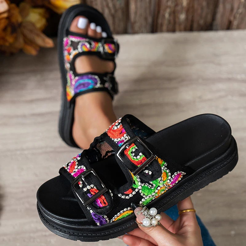 Women's Mix Color Chunky Platform Slippers Fashion Flowers Non-Slip Sandals Buckle Soft Thick Bottom Casual Slides