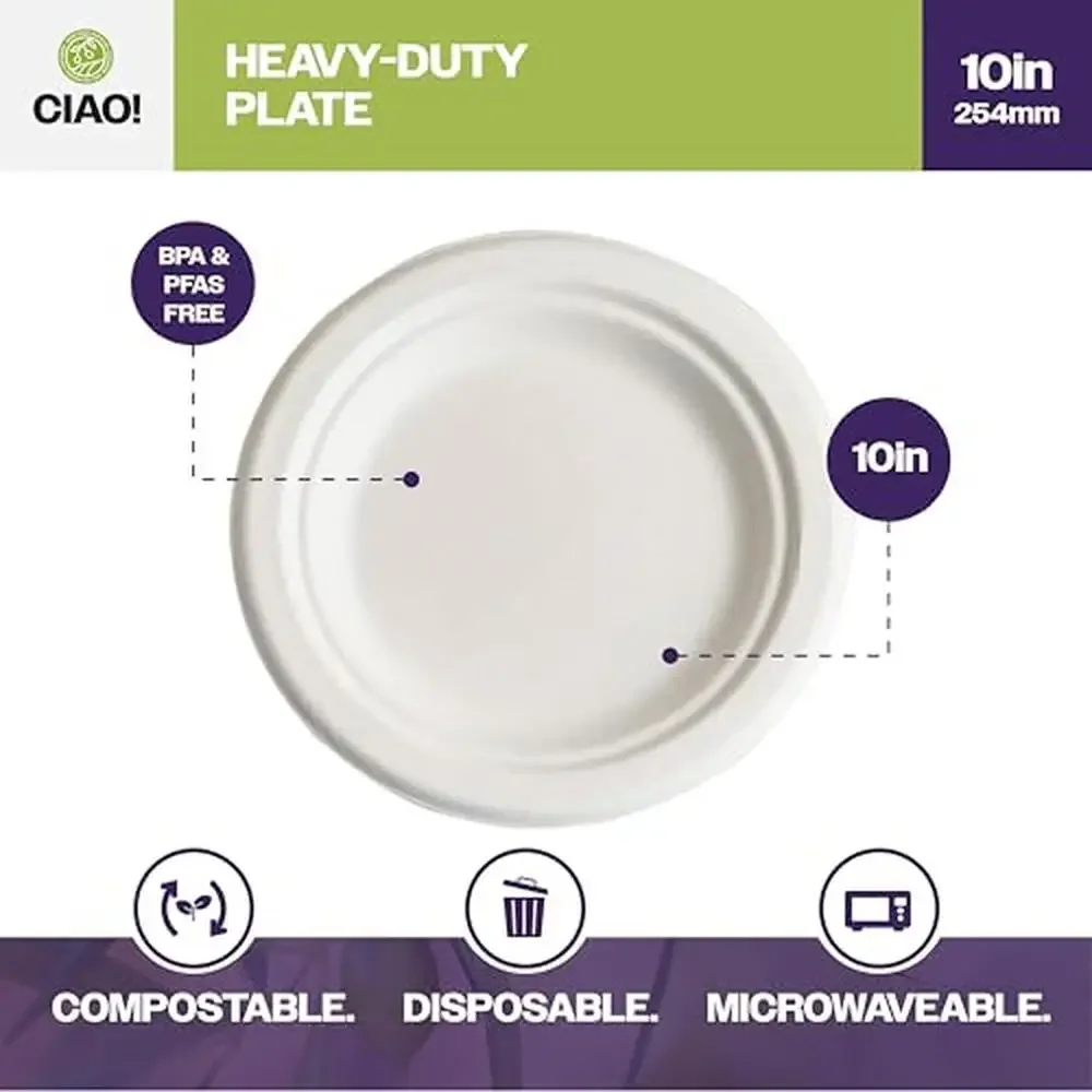 Eco-Friendly Heavy Duty Bagasse Bamboo Plates 10" Natural White Pack of 500
