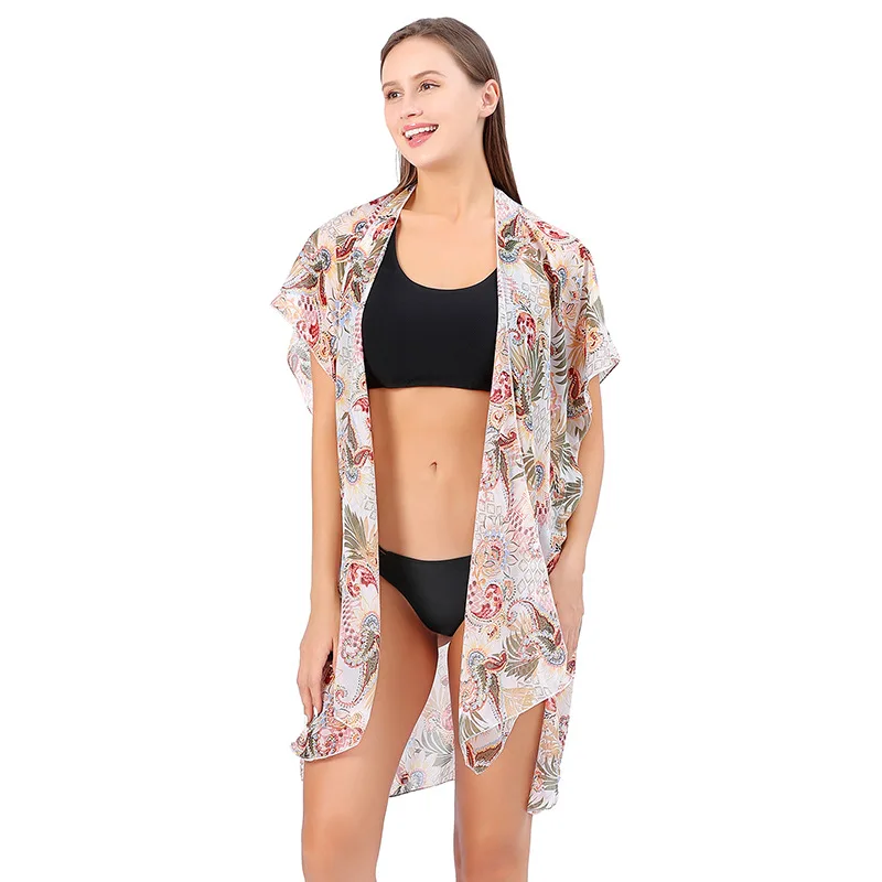 

Women's Sunscreen Shawl Women's Summer Chiffon Open Front Holiday Bikini Top Breathable Beach Cape Print