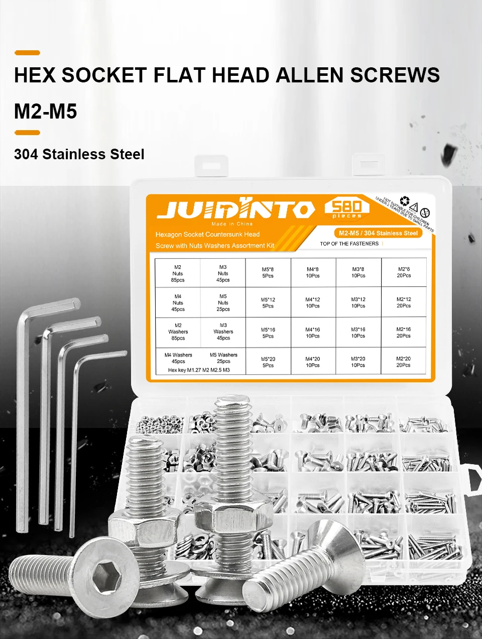 Soquete Hex, Porca, Arruela Set com Chave Hex, M2, M2.5, M3, M4, M5