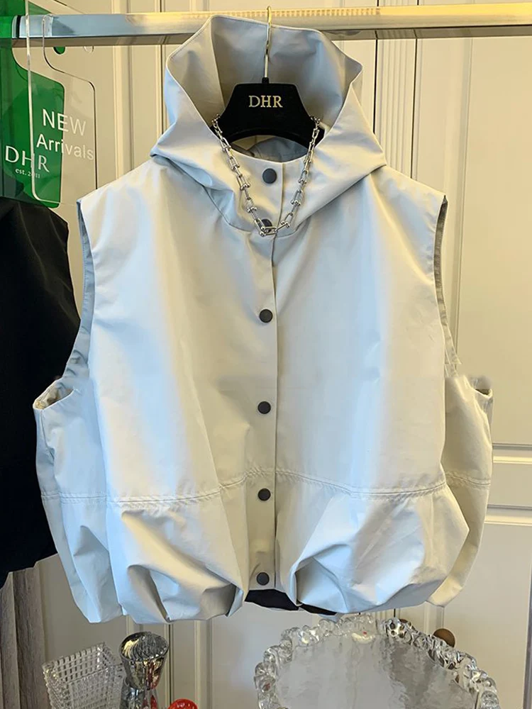 

Autumn Sports Casual Stylish Hooded Vest Coat Windbreaker Single Breasted Loose Jacket Versatile Sleeveless Drawstring Tank Top