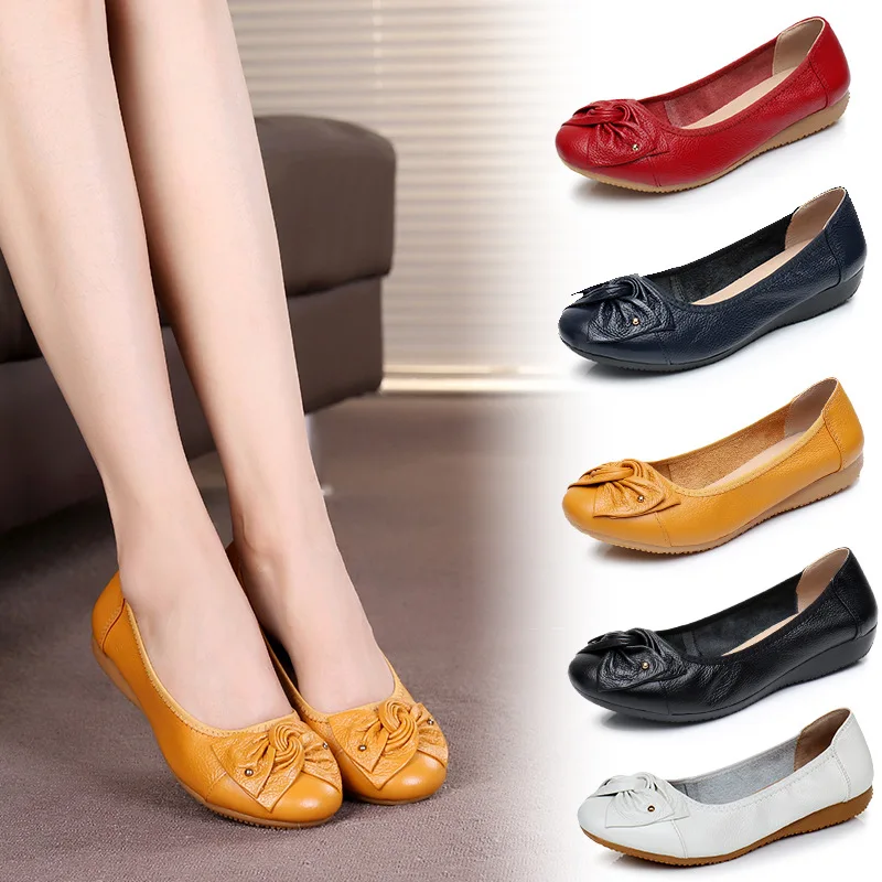 

Women's Female Ladies Mother Woman Flats Shoes Loafers Genuine Leather Slip on Summer Soft Bottom of Beef Tendon Round Toe
