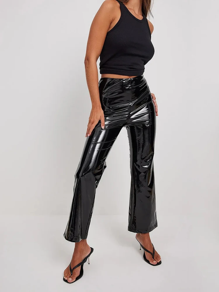 

Женские винтажные расклешенные брюки из ПУ кожи, сексуальные эластичные брюки из искусственного латекса, женские облегающие брюки с высокой талией из лакированной кожи, штаны на заказ