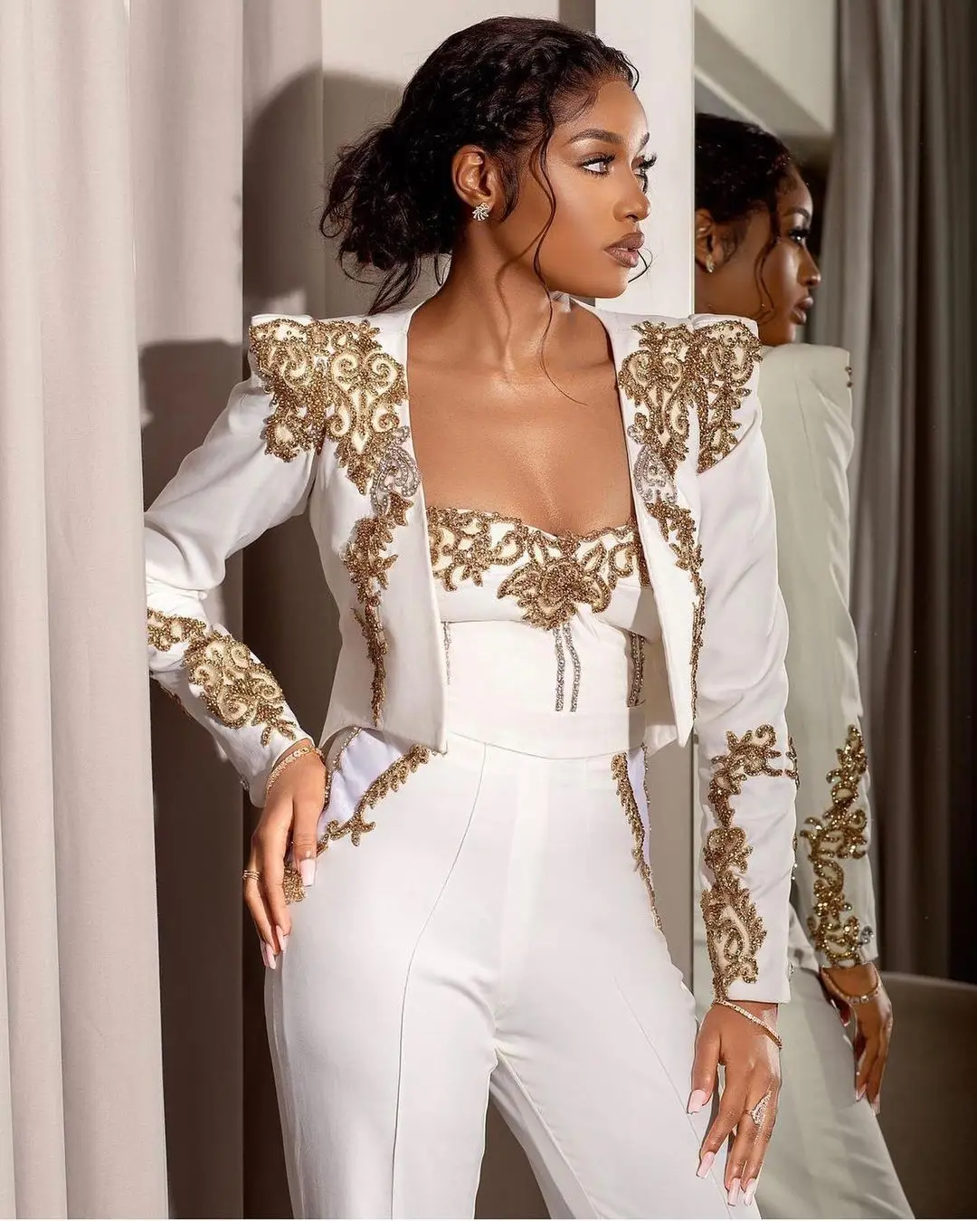 Sexy Applique Women Power Suits Fashion Full Length Blazer Strapless Beaded Jumpsuits Casual Daily Formal