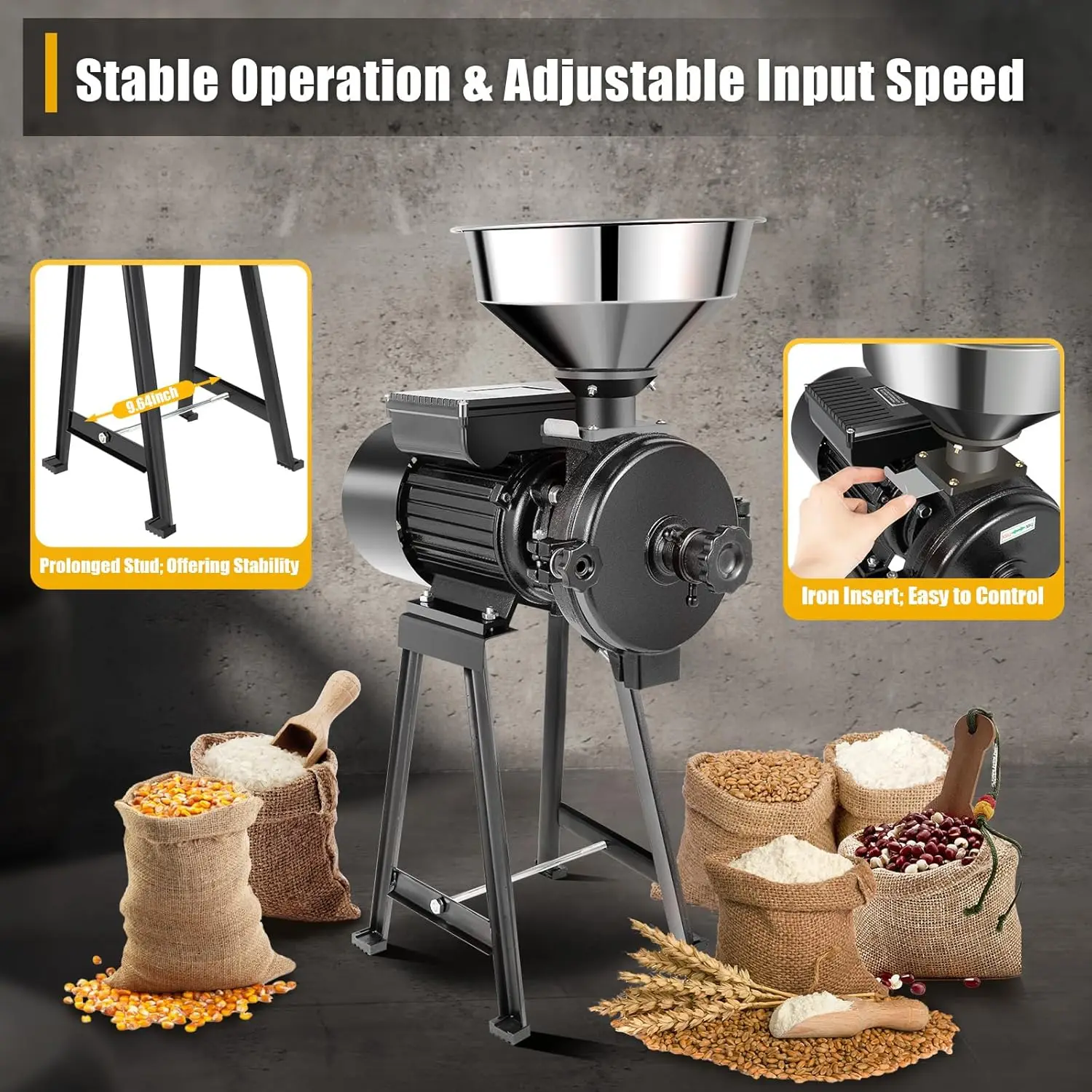 Electric Grain Mill Grinder Thickness Adjustable Corn Mill With Funnel 1500W 110V Dry Grain Milling Machine With Funnel For 6