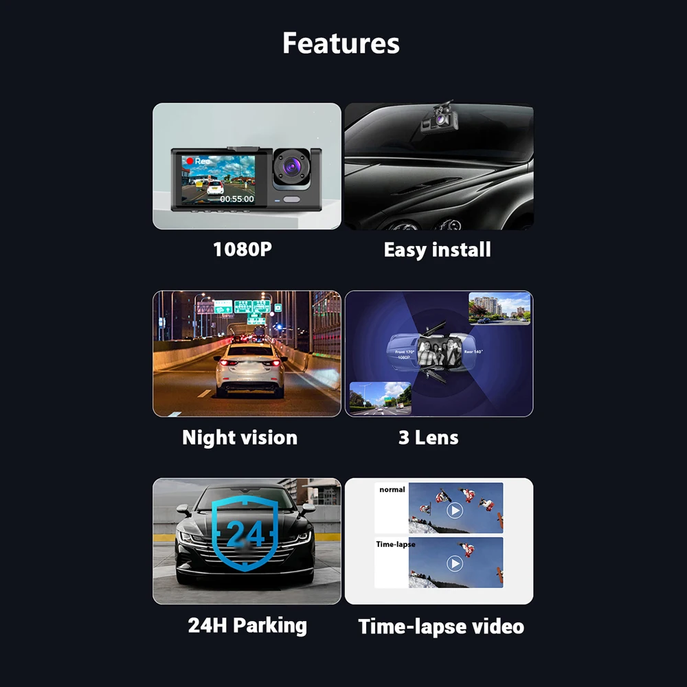 Meterk 1080p DVR Dash Camera Front & Inside & Rear Camera Driving Recorder 2 inch Screen Dashcam Support Night-Vision Loop Recording One-Key Lock