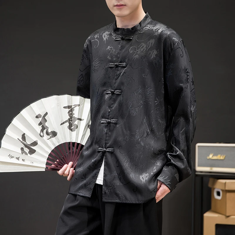 Long Sleeve Shirt Men Casual Shirt Silk Shirt Spring Summer Men's Chinese Shirt Satin Silk Vintage Coat Hanfu Tops Ethnic Style Clothing Tang Collar Shirt