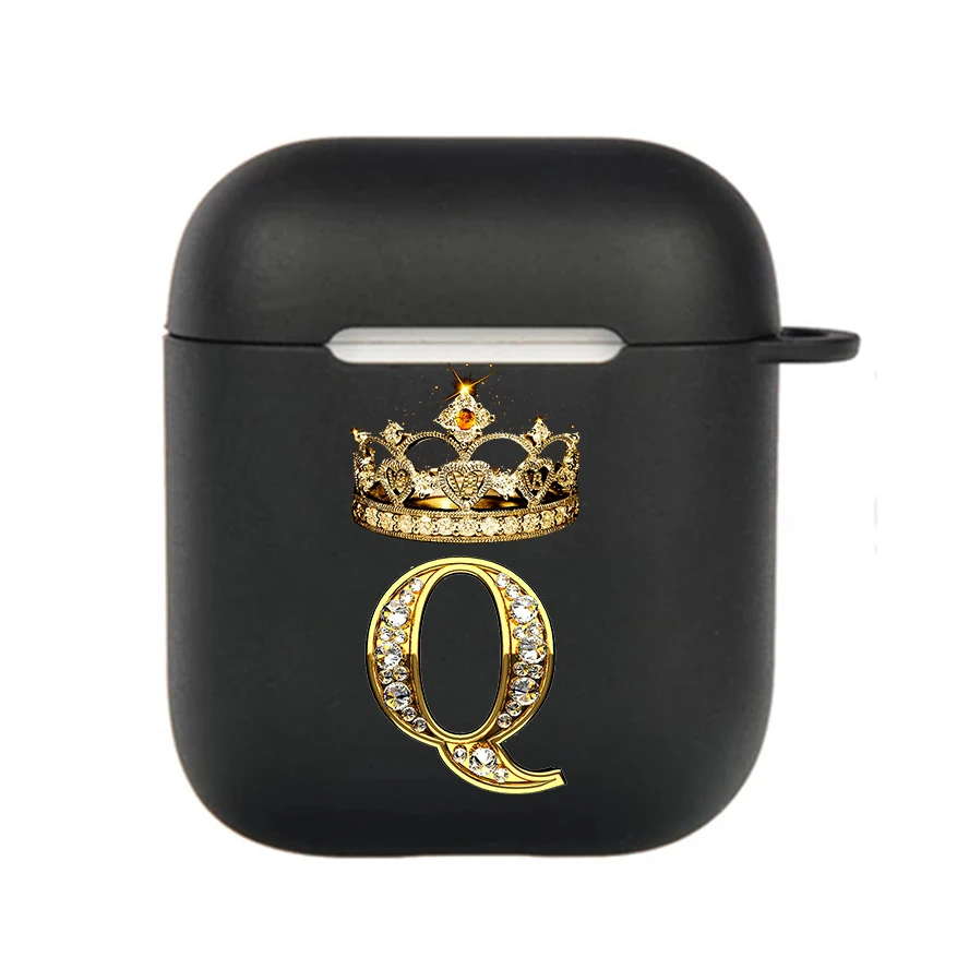 Diamond Crown Letter Hook Case - Black TPU Soft Earphone Cover