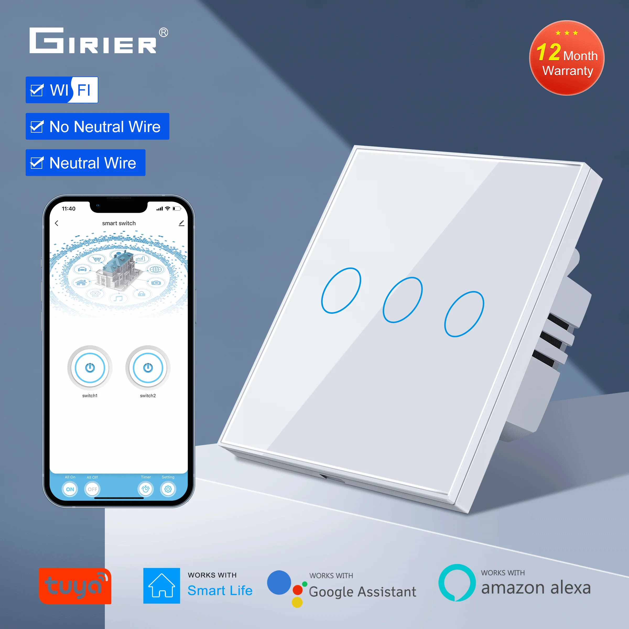 Interruptor Inteligente De Pared Con Wifi Y Control Táctil,1/2/3 Entradas,Estándar Europeo,Para