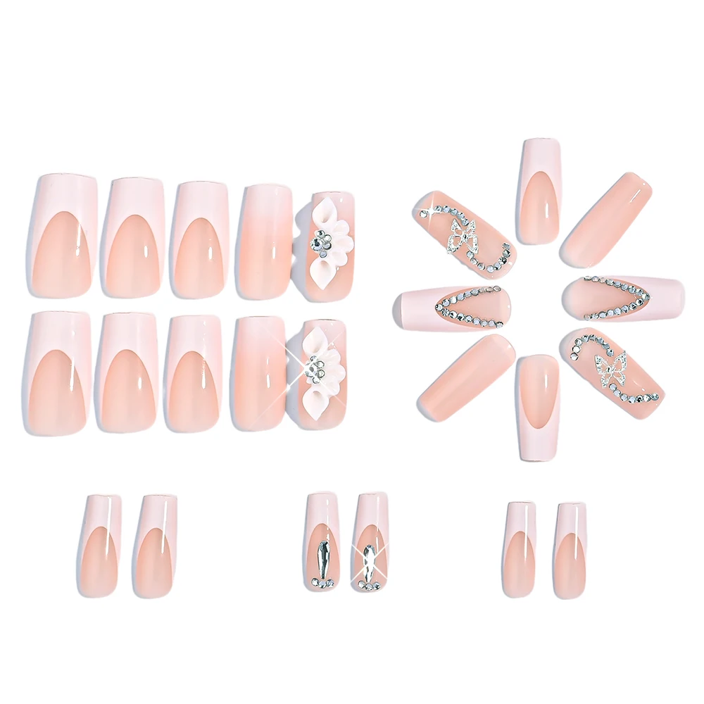 24 Stück klare Diamant-weiße französische Nägel zum Aufdrücken, 3D-geschnitzte Acryl-Blume, langer Sarg, falsche Nägel, vollständige Abdeckung, gefälschte Nagelspitzen, täglich – Detail 6