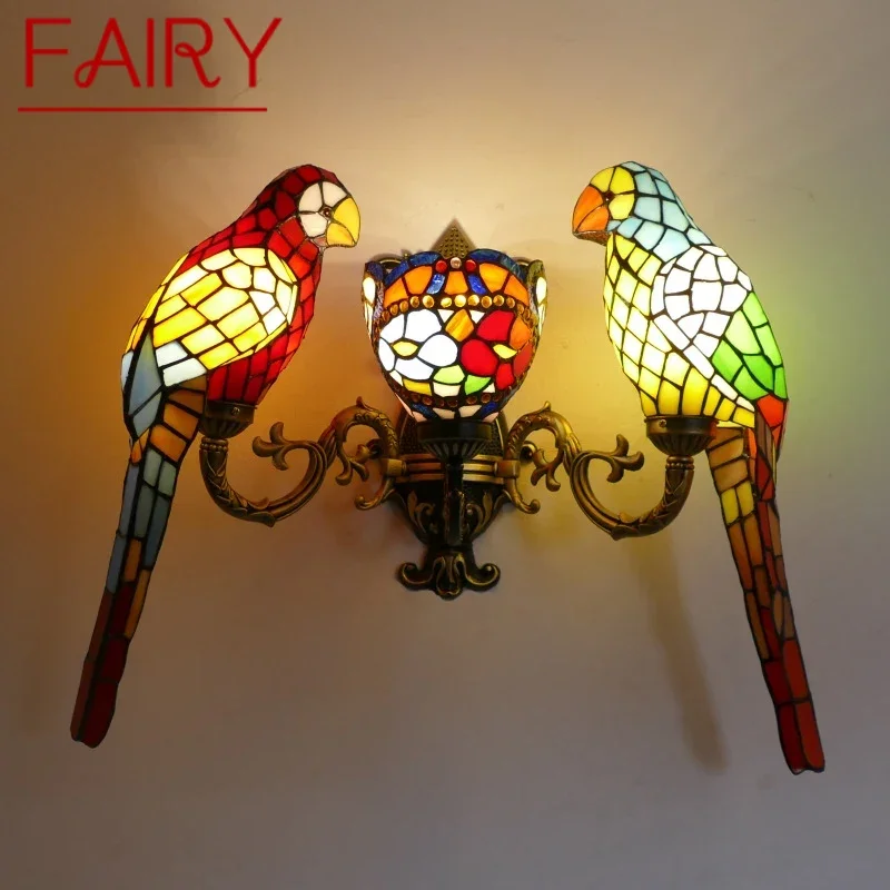 

FAIRY Tiffany parrot Wall Lamps American countryside Children's room Homestay Villa Hotel Stained Glass Animal Decoration Lamp