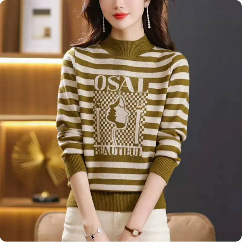 

Women Clothes Fashion Black and White Stripe Top Autumn Winter Letter All-match Pullover Half High Collar Commuter Knit Sweaters