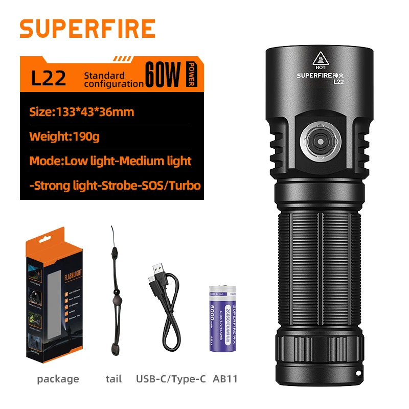Lampe Torche SUPERFIRE L20 5000 Lumens - Zoom 5x - Recharge USB-C, Étanche IPX7