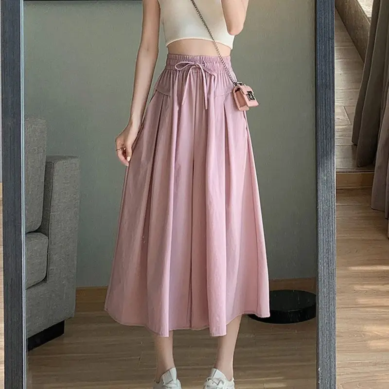 Fashion Elastic Lace Up Pockets Straight Wide Leg Pants Female Clothing 2024 Summer Loose Solid Color High Waist Casual Pants