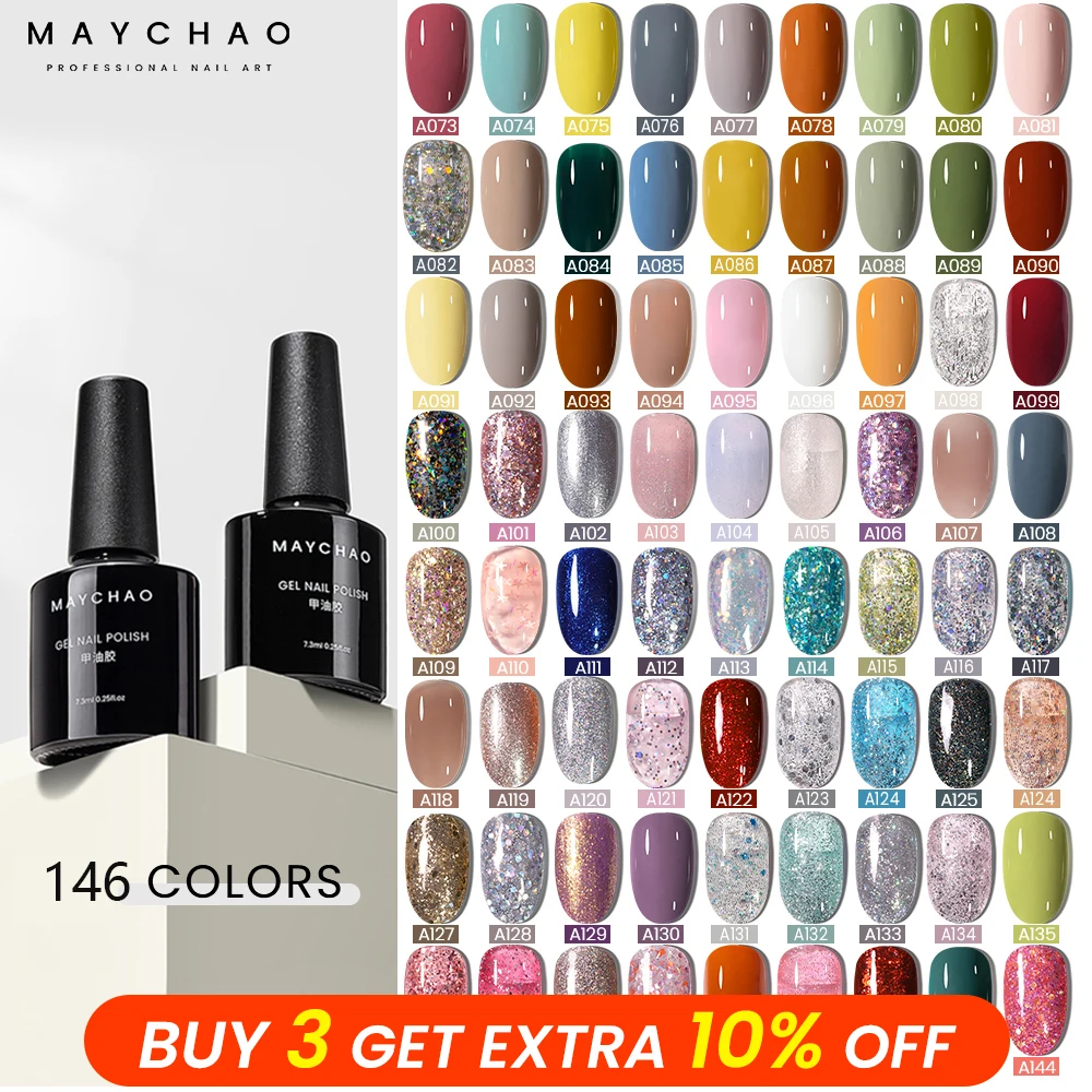 MAYCHAO 7.3ml Gel Nail Polish 146 Colors Soak Off UV LED Gel Long Lasting Base Top Coat Nail Art