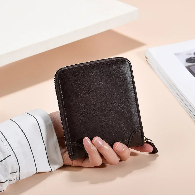 Men's Wallet RFID Blocking Short Zipper Cardholder Multifunction PU Leather Clip Money Organizer Horizontal Business Card Case