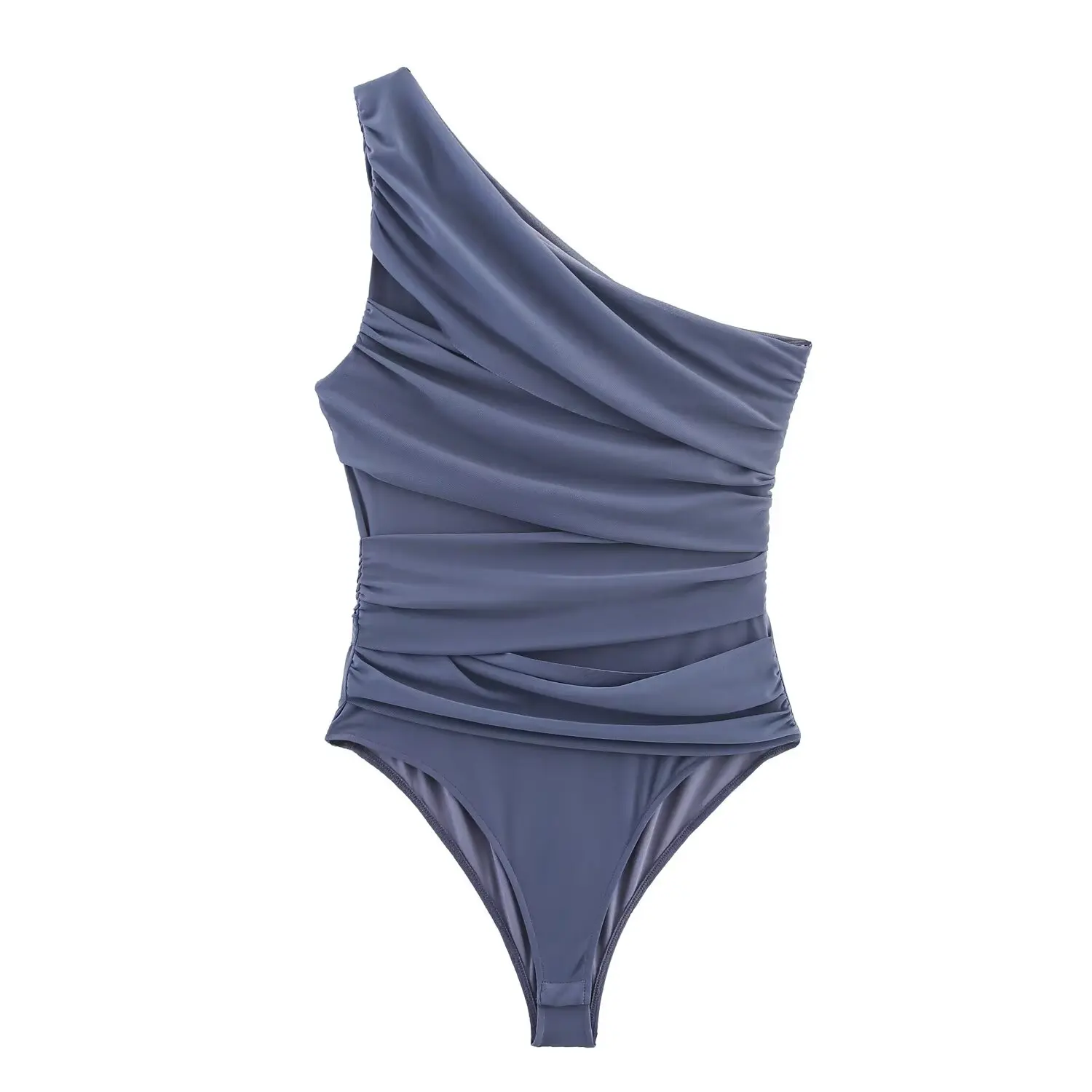 Women Summer Asymmetric Sleeveless Pleated Silk Mesh Bodysuit Single Shoulder Slim Fit Jumpsuit Female Beach Holidays Wear Swims