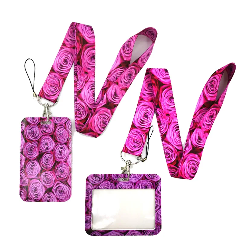 

Pink Rose Flowers Neck Strap Lanyard keychain Mobile Phone Strap ID Badge Holder Rope Key Chain Keyrings Gift Webbings Ribbons