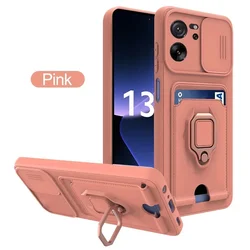 Slide Camera Case with Card Slots and Magnetic Ring Holder - Silicone Cover for Mi 11T-11T Pro (Pink)