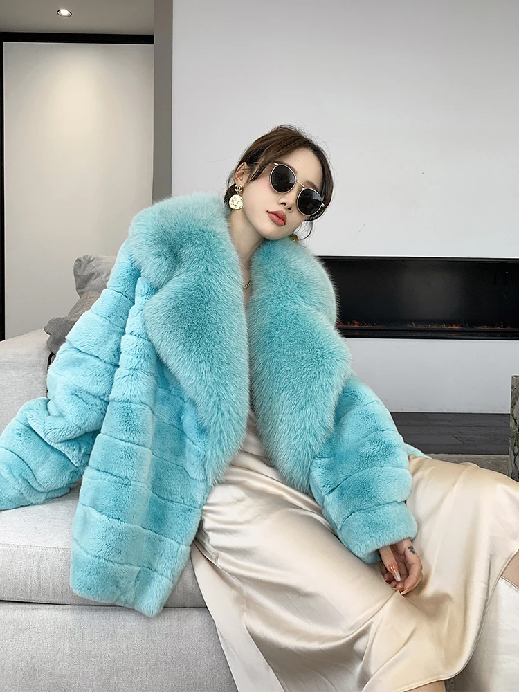 Fashion Women Real Rex Rabbit Fur Coats Long Natural Full Pelt Chinchilla Color Rabbit Fur Jackets With Real Fox Fur Collar Over