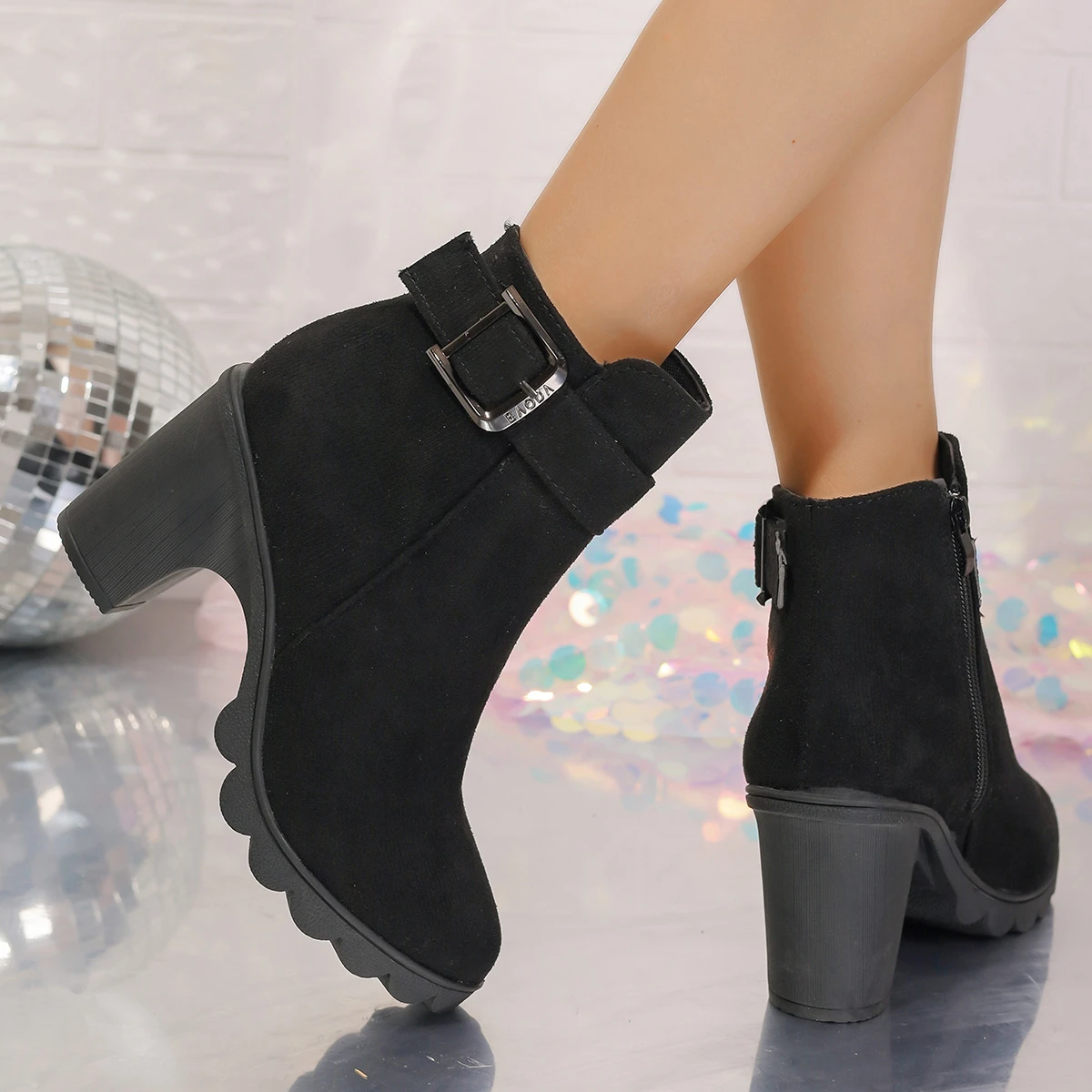 Aphixta 8cm High Heel Black Ankle Boots Buckle Side Zip Women Elegant Platform Lady Footwear Shoes Women Autumn Winter Boots