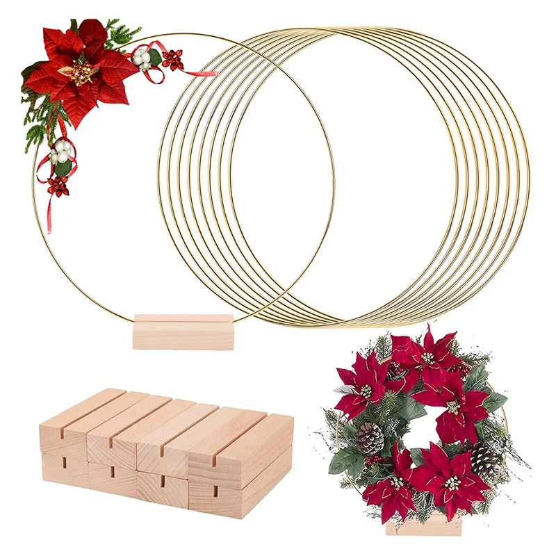 

10Piece Metal Wreath Table Centerpiece Metal Wreath Ring 2 Inch Large With 10-Piece Wooden Bracket