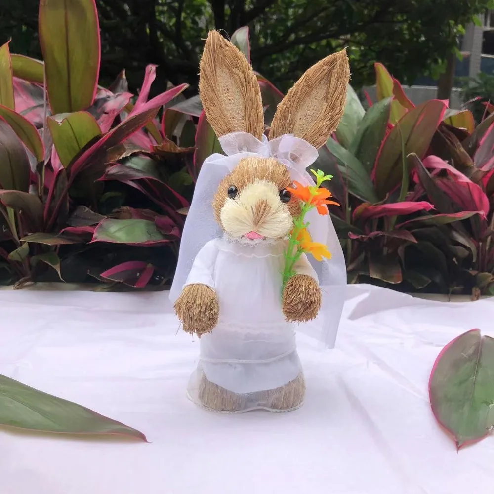 Cute Straw Rabbits Handmade DIY Garden Statues Gift Hand Weave Landscape Rabbit Statue 25cm