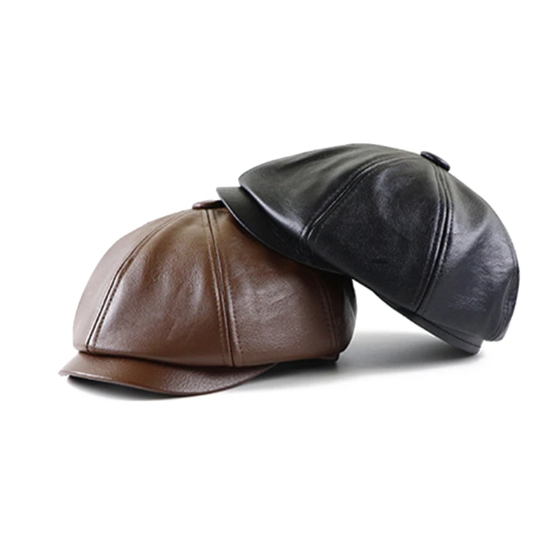 PU Newsboy Caps Men Faux Leather Octagonal Hat Male All-Match Retro Middle-Aged Duckbill Berets Black Detective Hats Painter Cap |