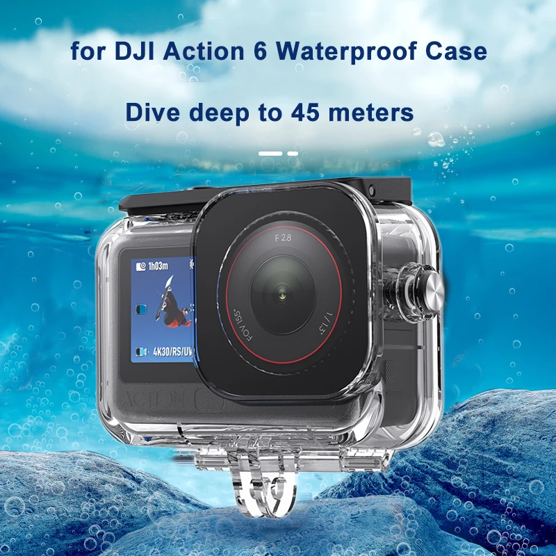 Étui étanche pour DJI Action 6 – Boîtier de plongée 45 mètres, installé sur une caméra prête pour l'immersion.