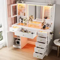 Large LED-lit Glass Top Makeup Vanity Desk with 7 Drawers, 3 Cabinets, and Charging Station, White 2