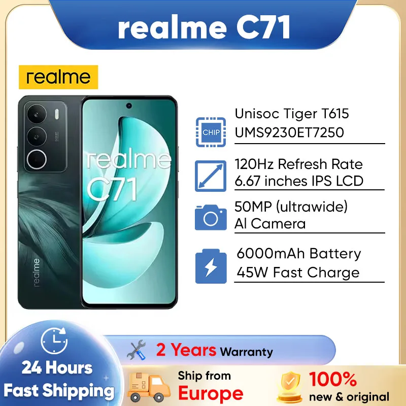 Smartphone Realme C71 6+128Go – Écran 6,67" 120Hz, Batterie 6000mAh, Charge Rapide 45W, Appareil Photo AI 50MP, IP54, Vert