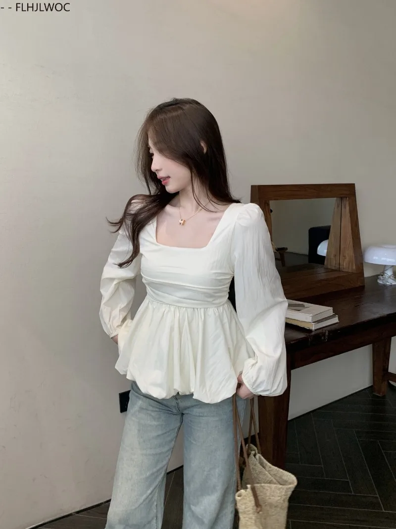 Belly Tunic Peplum Tops Blouses New Design Women Long Sleeve Casual Chic Korea Slim Fitted Black White Basics Shirts