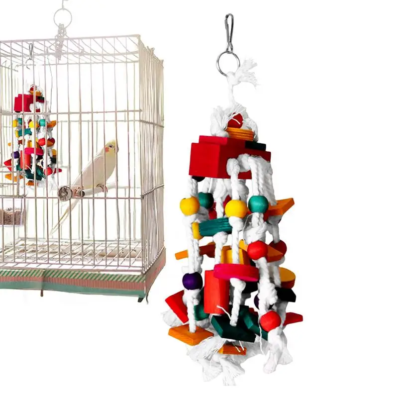 

Knot Bird Toy Parrot Toys Multicolored Natural Wooden Blocks Eco-Friendly Enrichment Bite And Tearing Toys