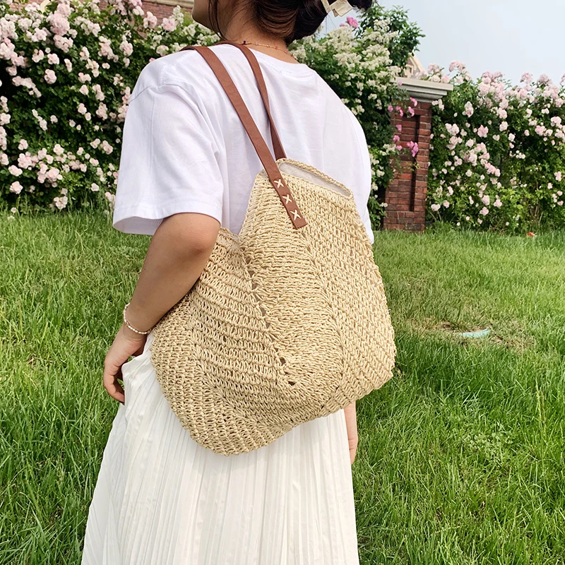 Casual Large Capacity Straw Shopping Tote Bag Hollow Woven Women Shoulder Bags Summer Beach Travel Lady Wicker Knitted Handbag