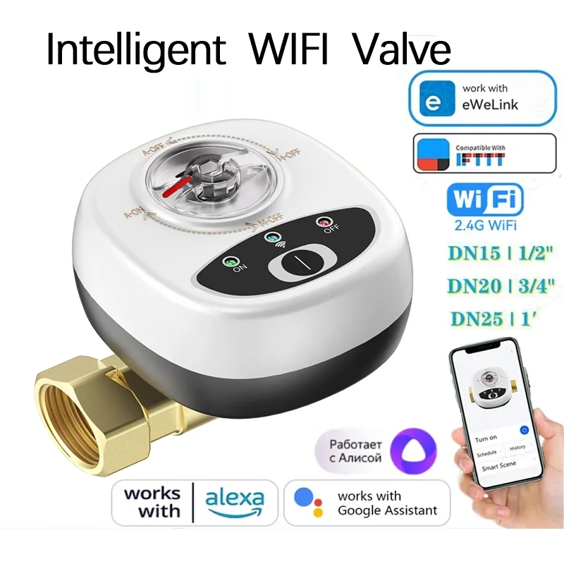 Válvula Inteligente WiFi eWelink APP para Água e Gás, Válvula de Esfera Automatizada DN15/DN20/DN25 com Controle Sem Fio para Alexa, Google e Alice