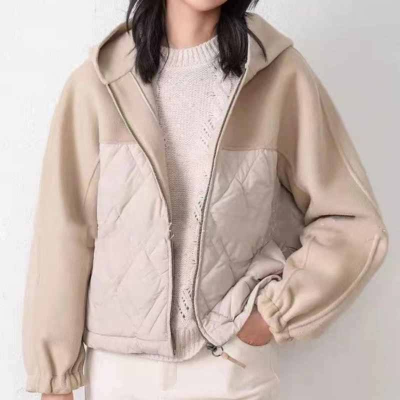 

2023 Autumn and Winter New Double-sided Wool Cashmere 80% Goose Down Spliced Bat Sleeve Hooded Women Jacket