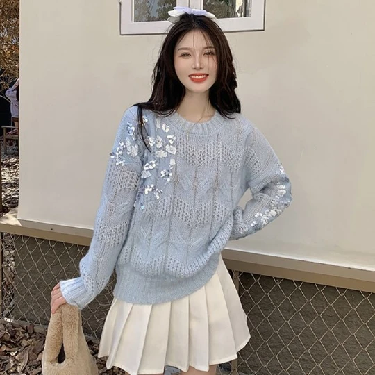 

Blue new Japan Girl Pullover Woman Sweater Fairy Knit T Shirt Tops Casual for Women Sweaters Fall Spring Top Coat Cloth Suétere