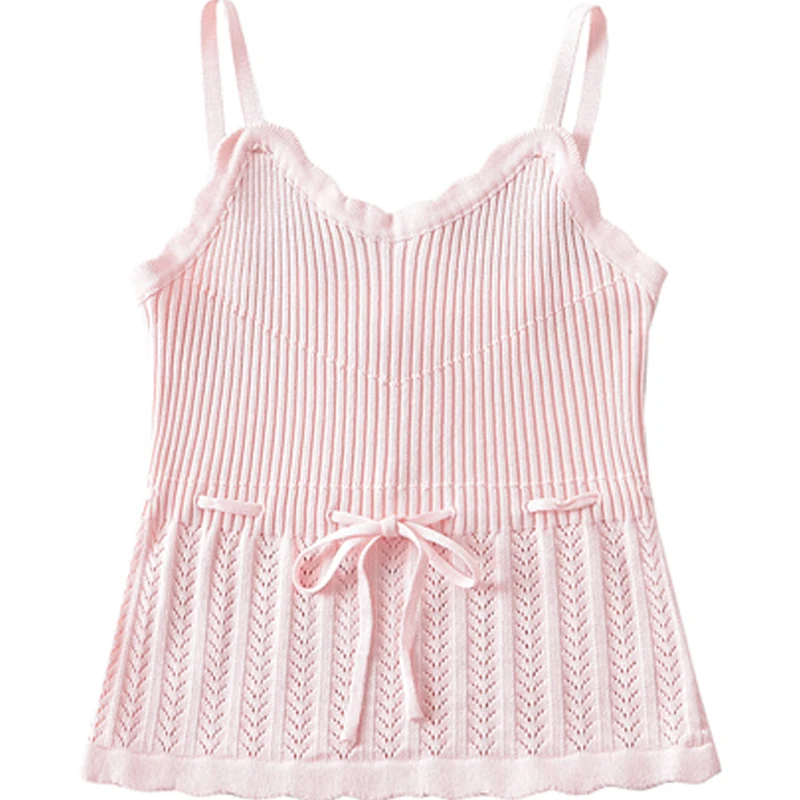 면화 바다 프랑스 스타일 복고풍 밀 중공 니트 슬링 조끼 순수 원하는 Drawstring 슬리밍 웨이브 레이스 조끼